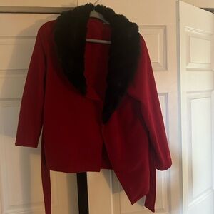 Chic Red Cape with Black Faux Fur Trim